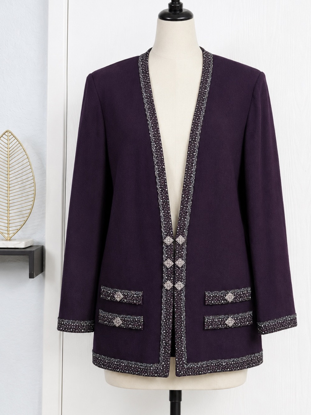 St. John Evening by Marie Gray Deep Purple Embellished Open-Front Knit Jacket 8